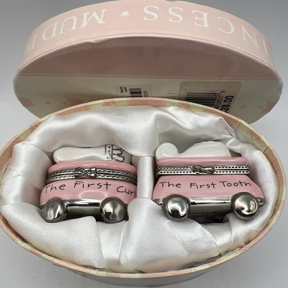 Mud Pie Keepsake My First Tooth/Curl Princess Trinket Boxes Set of 2 New W Box
